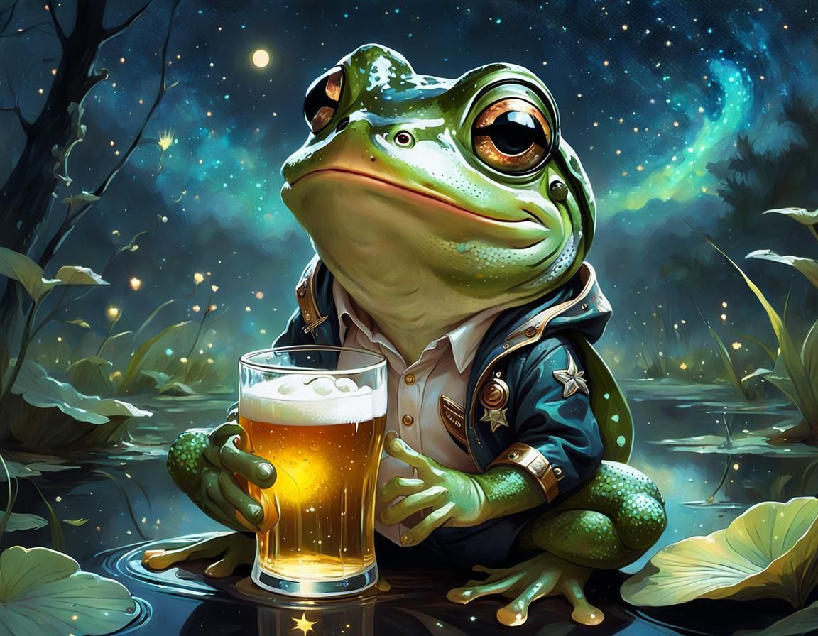 Chibi Frog Drinking Beer Under Starry Sky