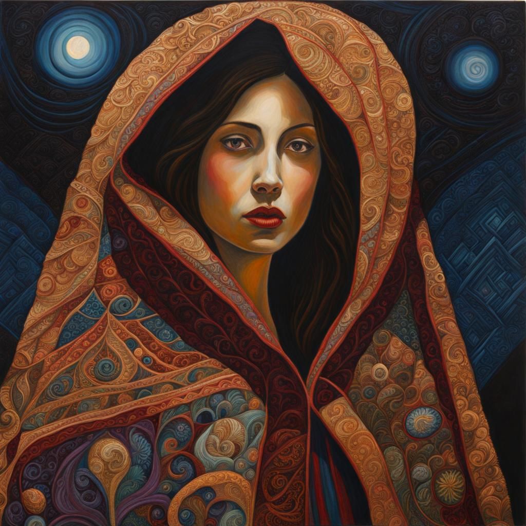 Woman in Embroidered Cloak: Mixed Media Art