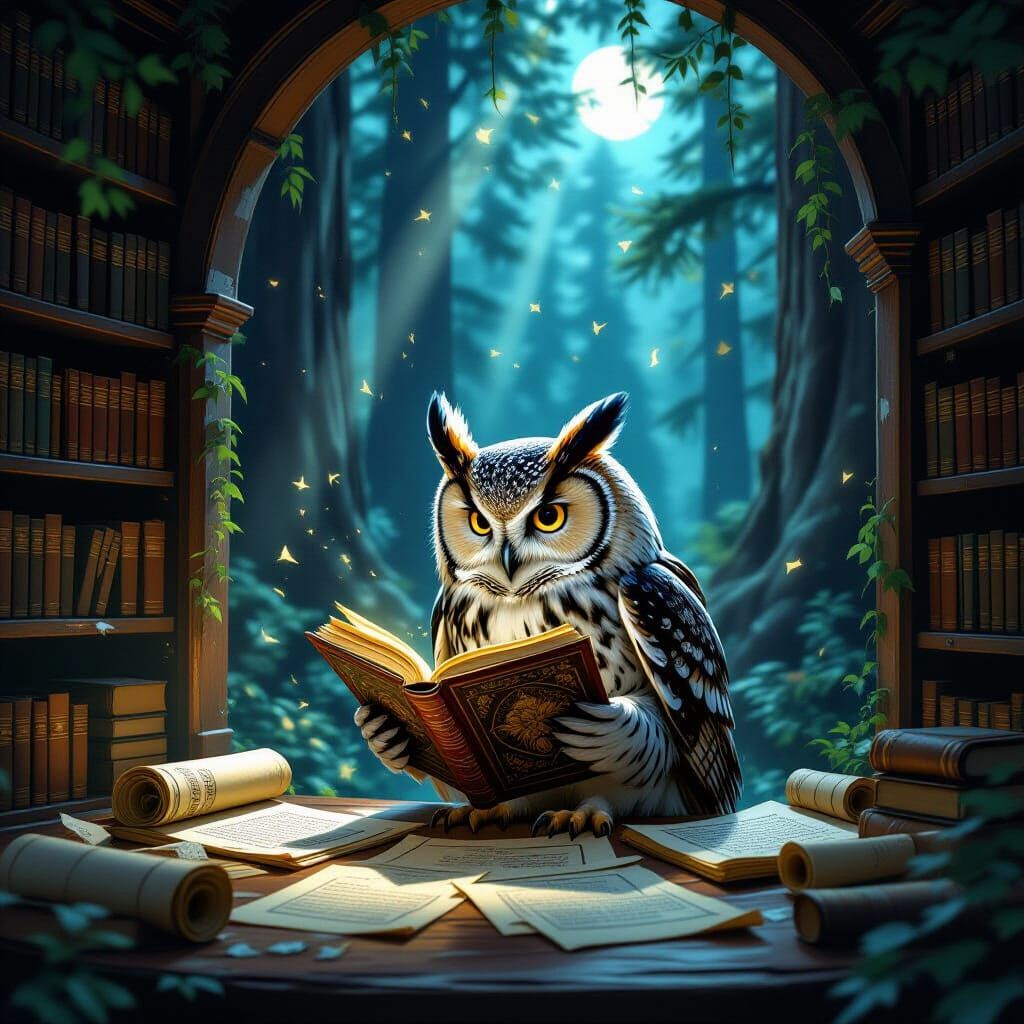 Wise Owl Sorts Ancient Scrolls in Moonlit Redwood Library