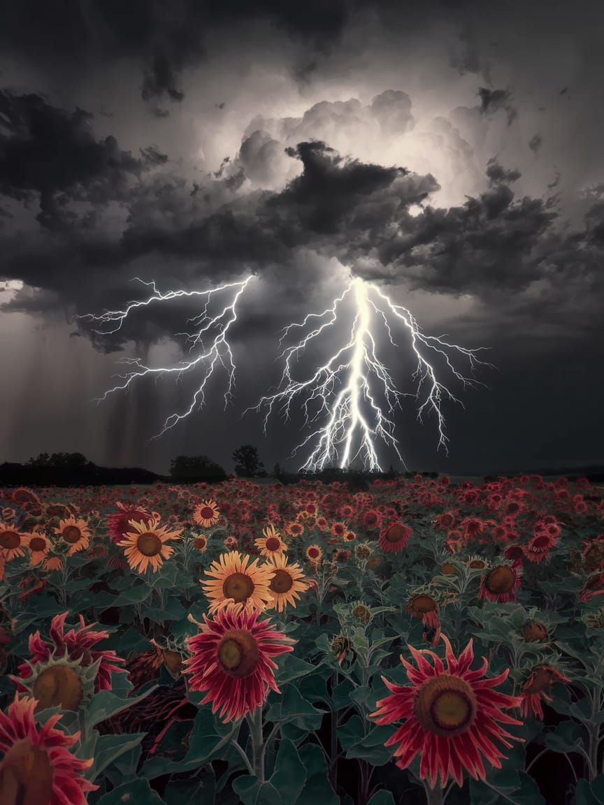 Surreal Thunderstorm Over Sunflowers in Impressive Matte Fin...