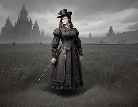 Steampunk Woman in Field, Beatrix Potter Style