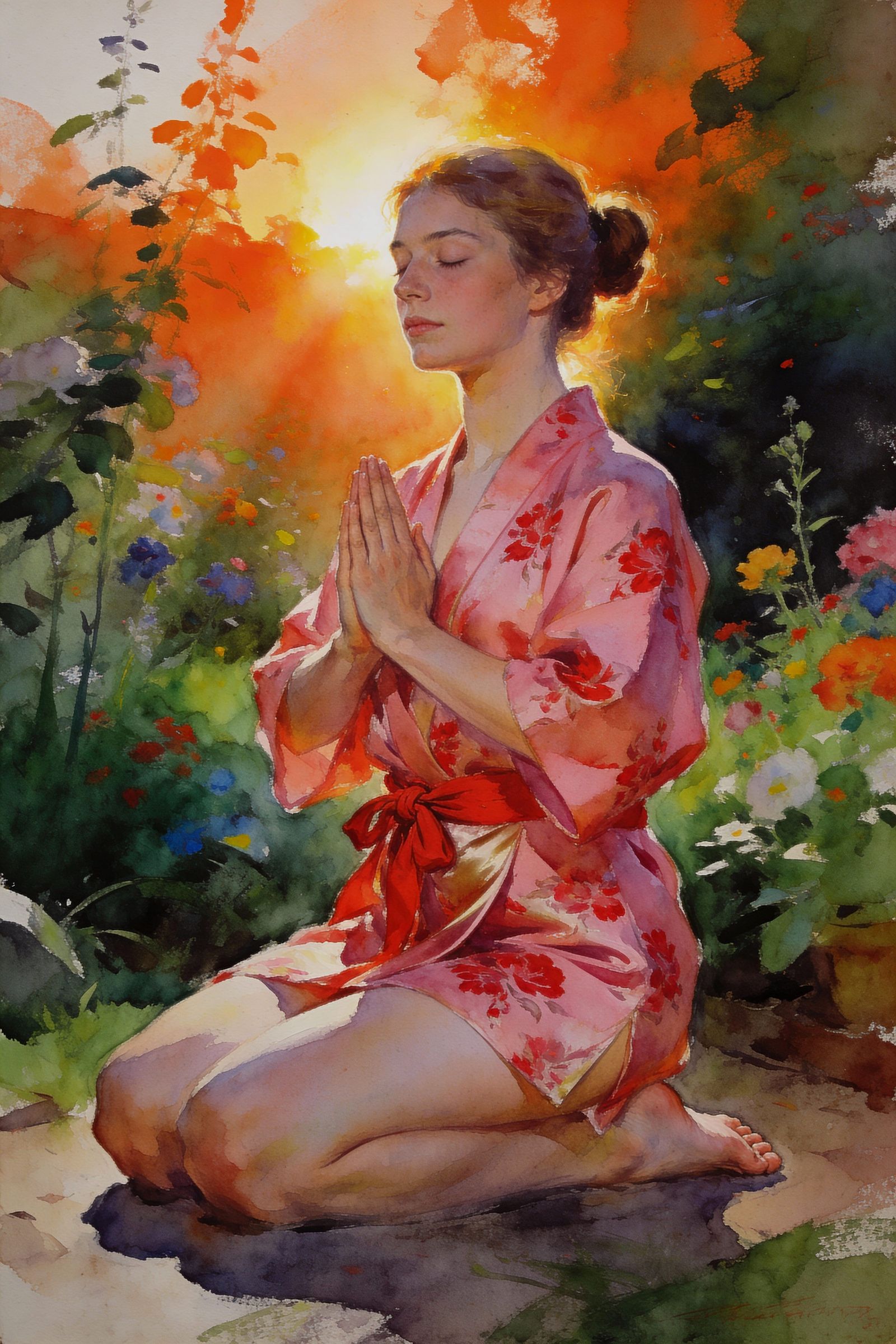 Meditating Woman in Sunrise Garden, Sargent Style