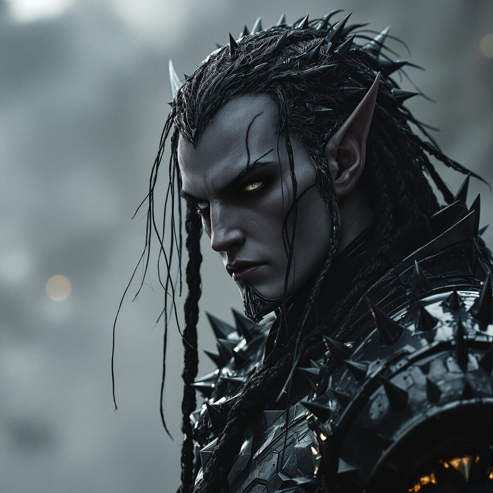 Surreal Dark Elf Warrior in Cyberpunk Power Armor