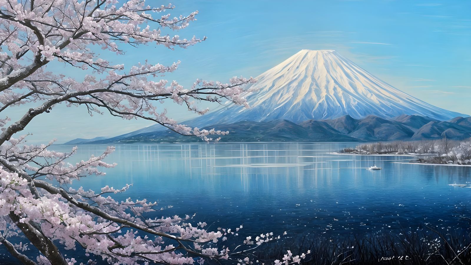 Blossoming Sakura in Frosty Winter Light at Mount Fuji