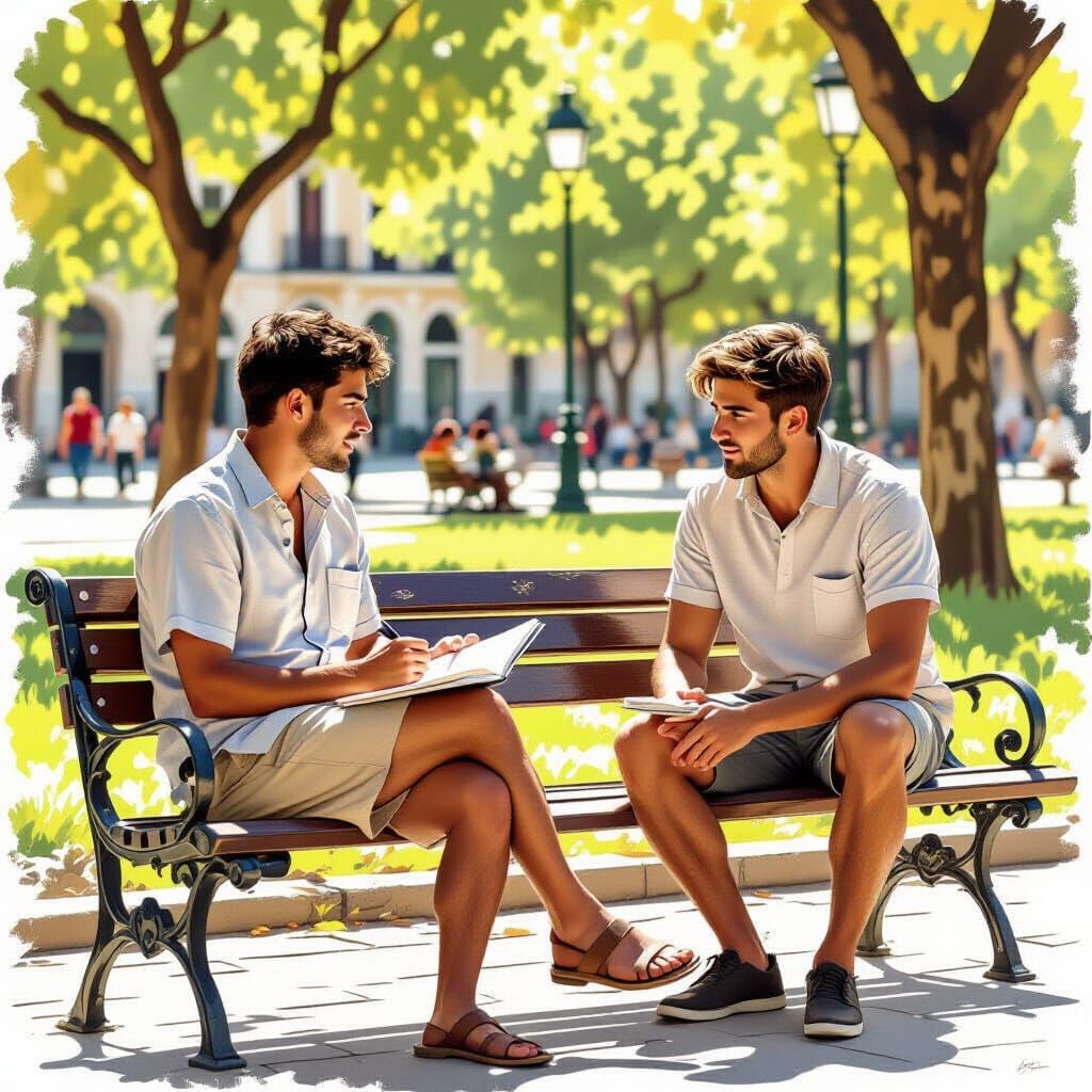 Young Men Meet on a Park Bench in Seville