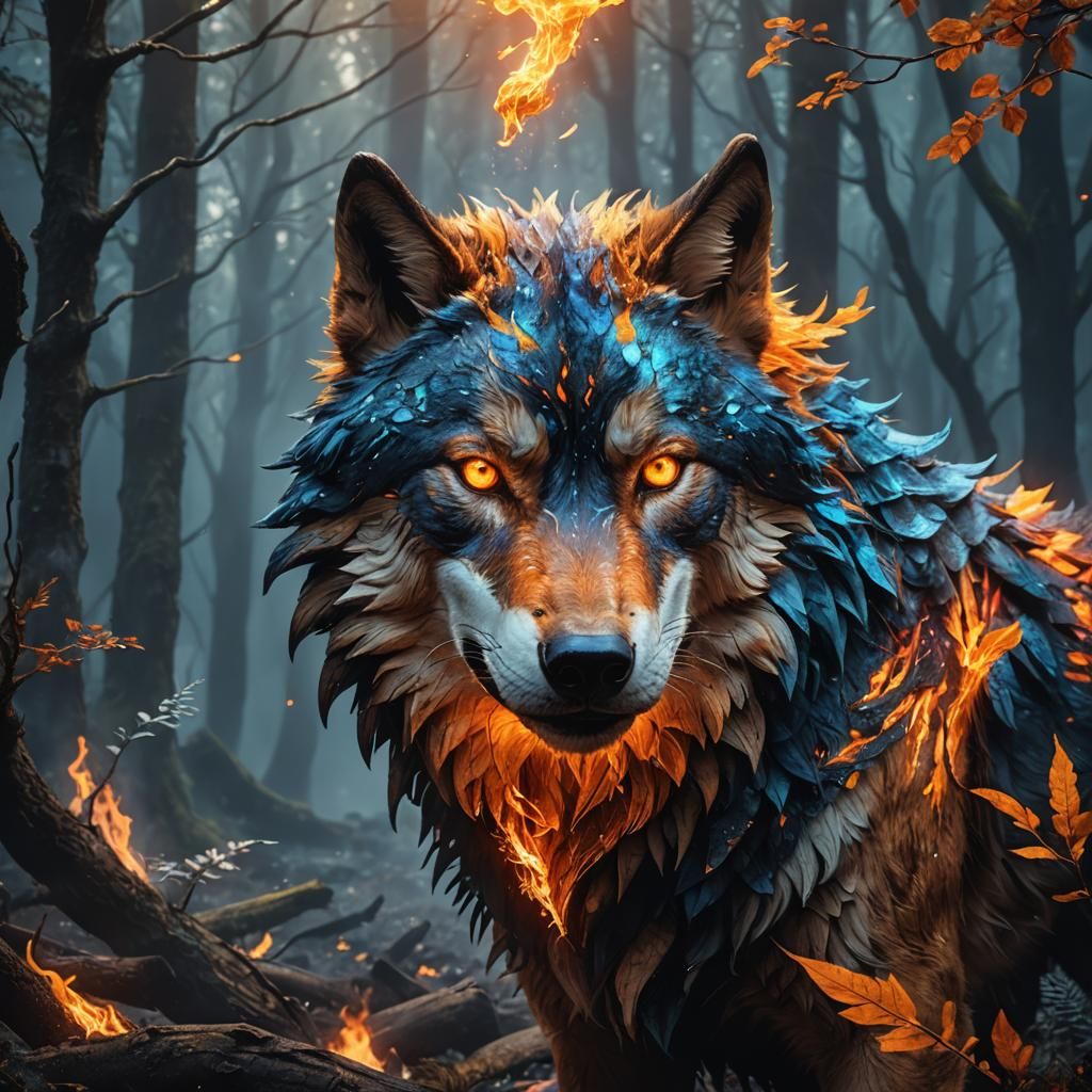 Fiery Wolf in Mystical Forest: Digital Art