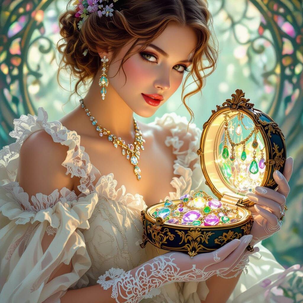 Elegant Woman with Glowing Jewelry in Art Nouveau Style