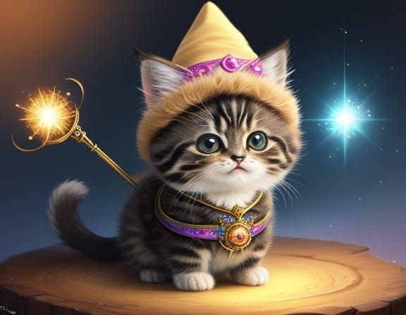 Cute Kitten Wizard Casts Spell with Sparkling Wand