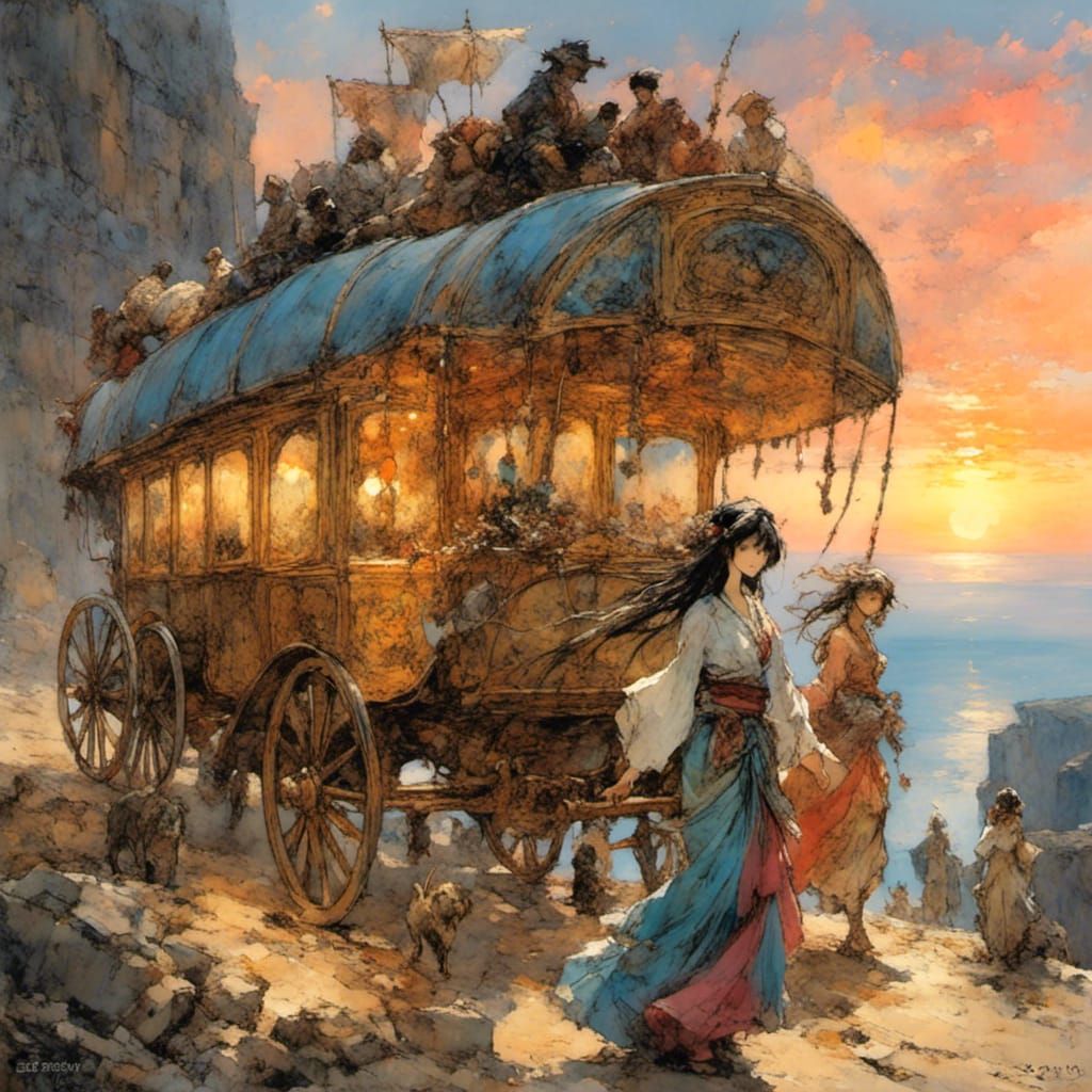Gypsy Caravan at Sunset in Anime Style