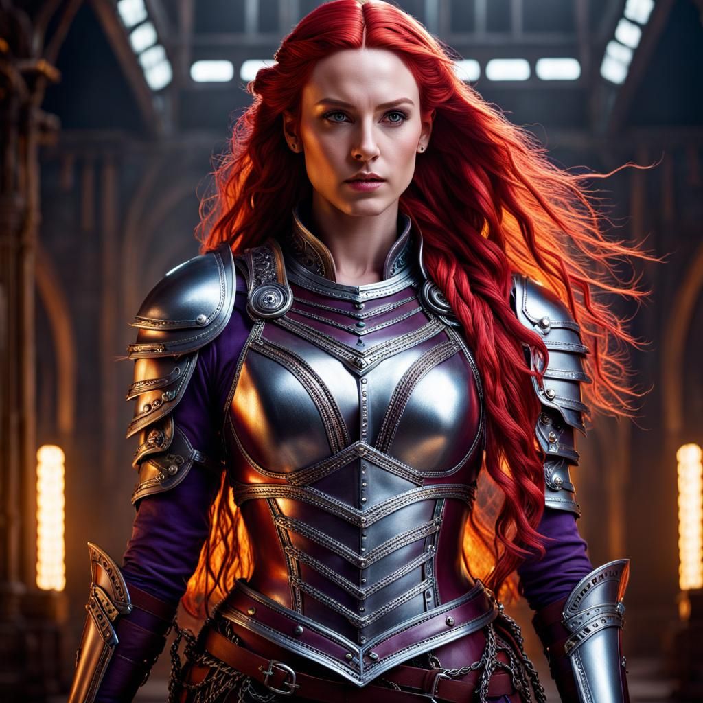 Hyperrealistic Woman Warrior with Braided Red Hair