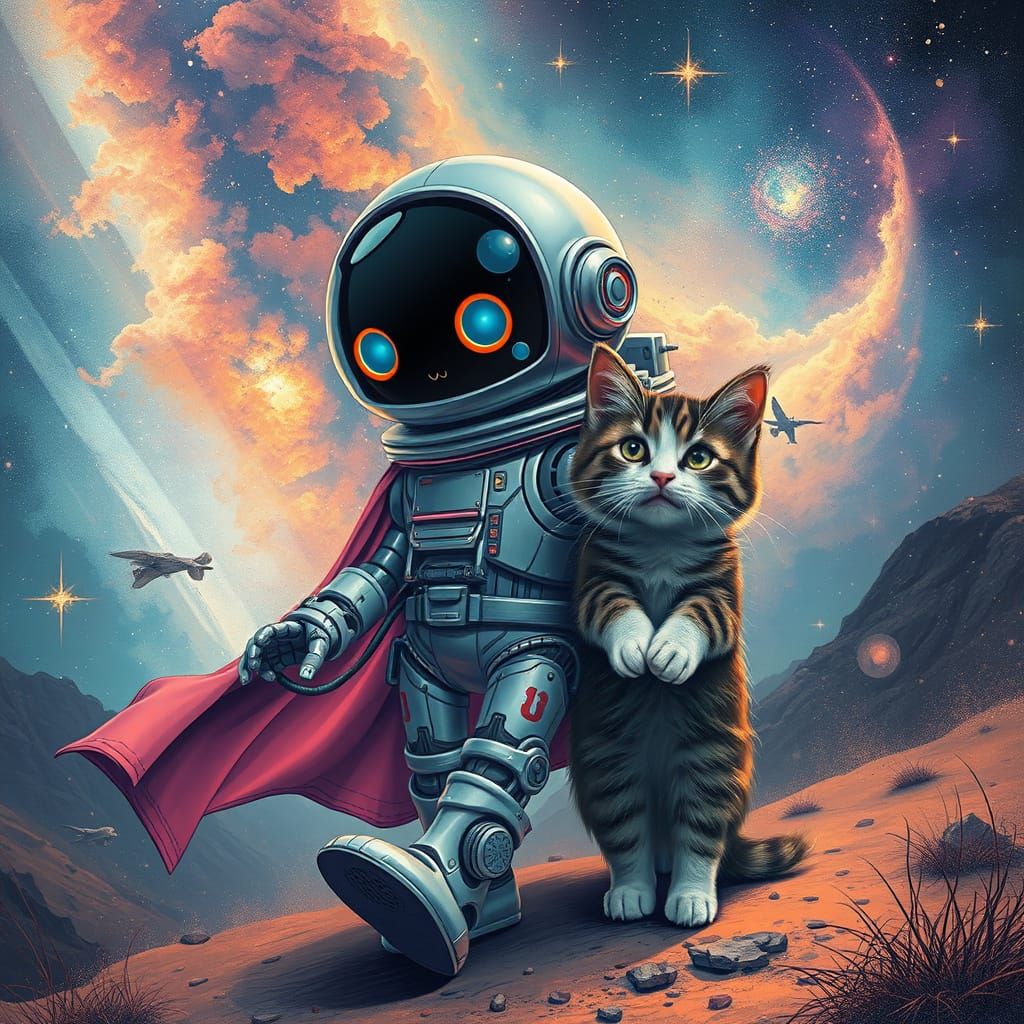 Robot and Kitty in Celestial Summer Scene as Celestialpunk A...