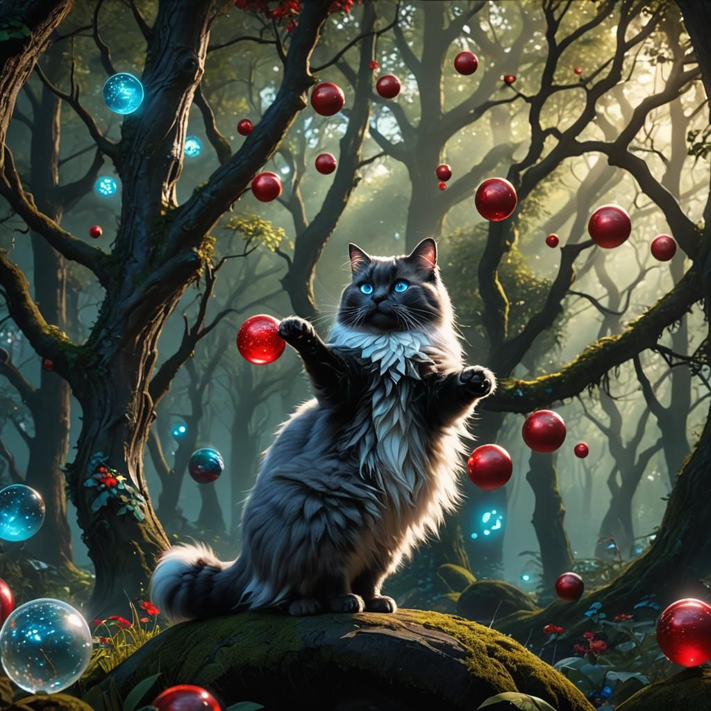 Enchanted Forest Cat Reaching for Red Ball