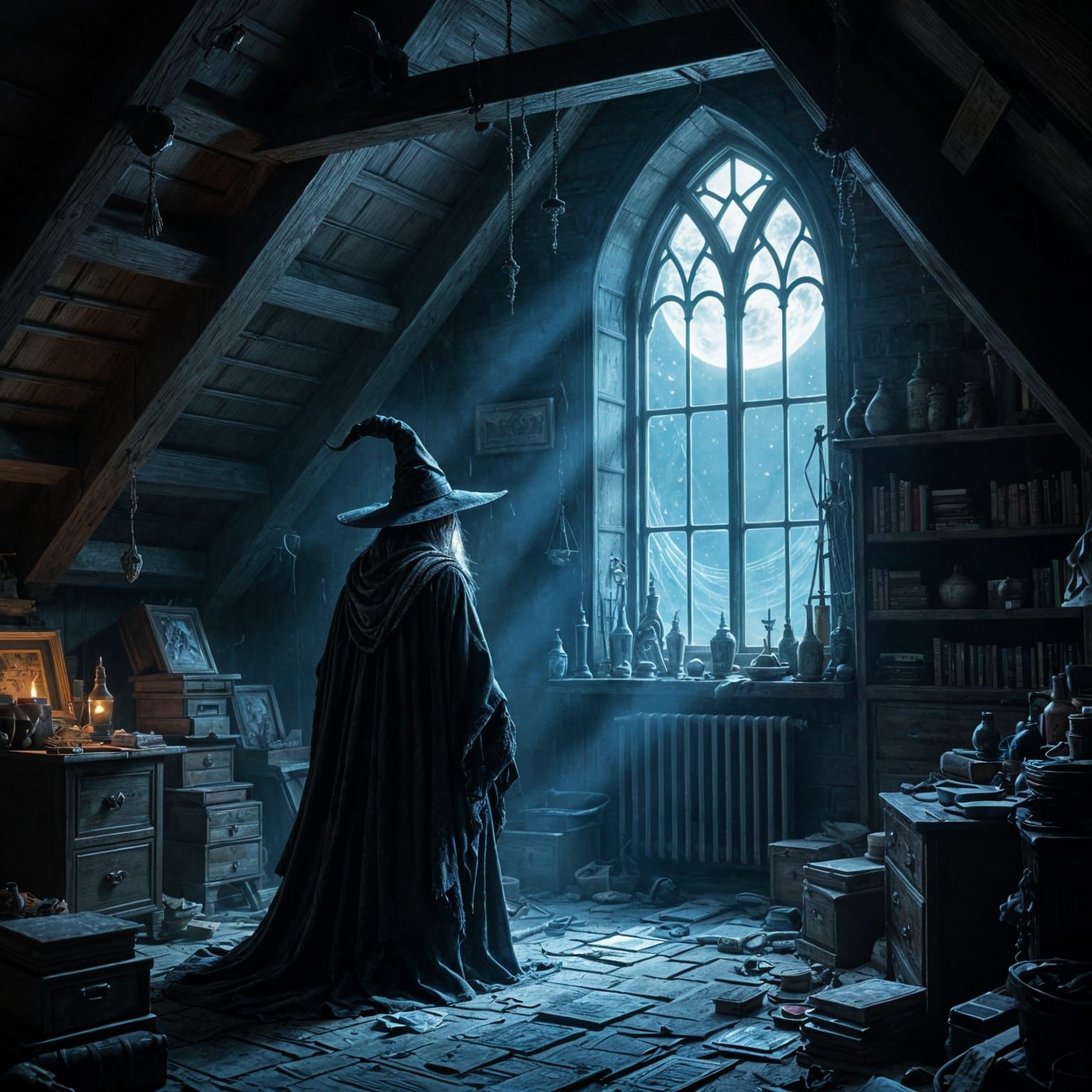 Dark Fantasy Wizard in Moonlit Attic Concept Art