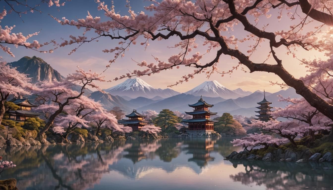Sakura Tree by Lake: A Matte Painting in Art Nouveau