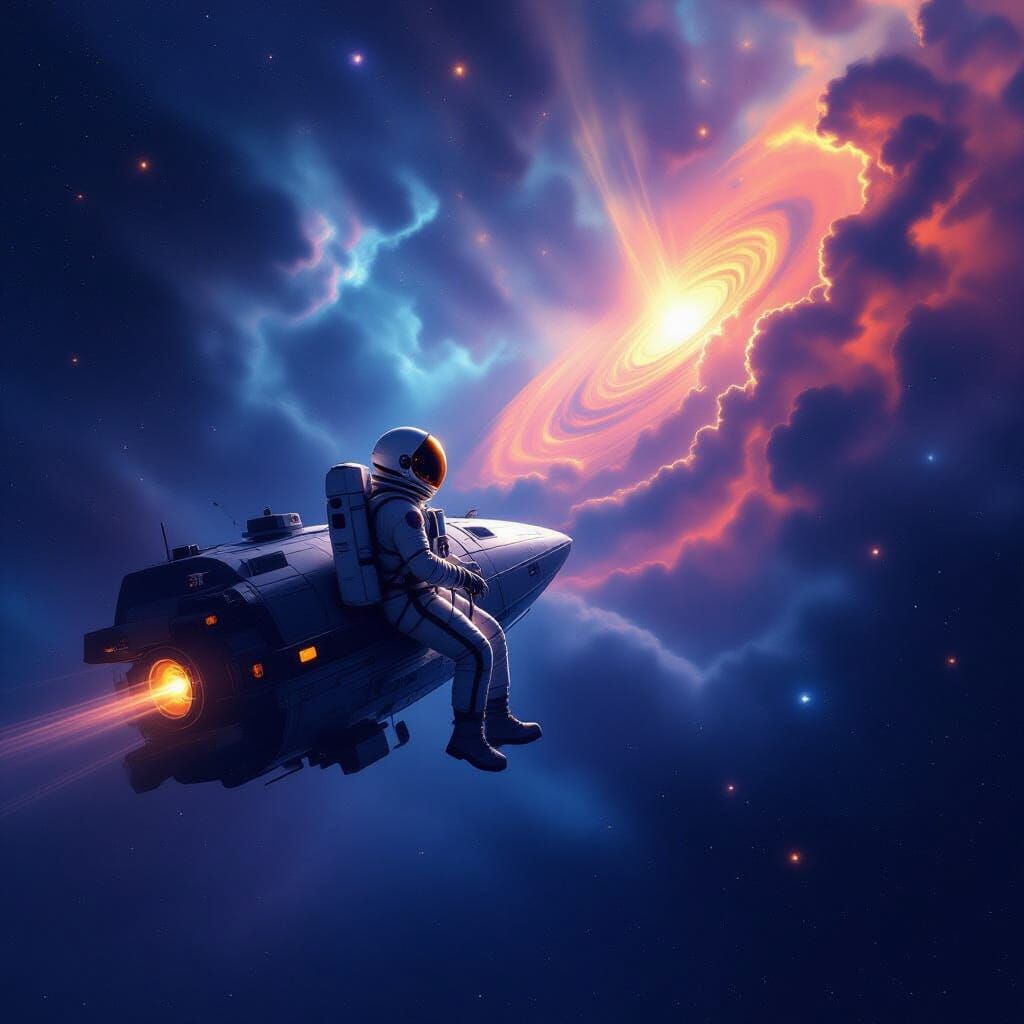 Astronaut Adrift in Cosmic Nebula with Derelict Ship