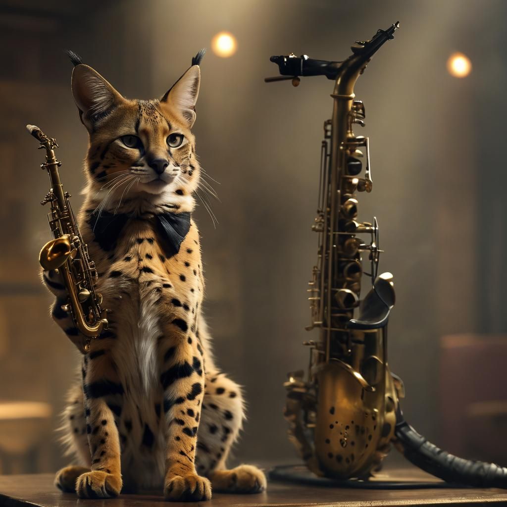 Serval Cat Saxophone Player in Smoky Lounge