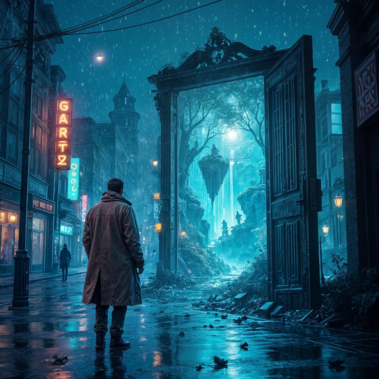 Surreal Portal: Cityscape to Floating Forest Transition