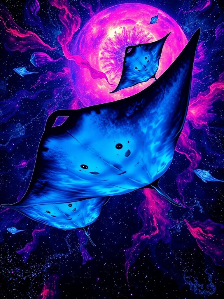 Neon Manta Rays in Cosmic Flight, Futuristic Art
