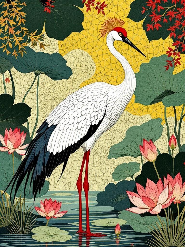 Stylized Crane in Lotus Pond, Geometric Minimalism