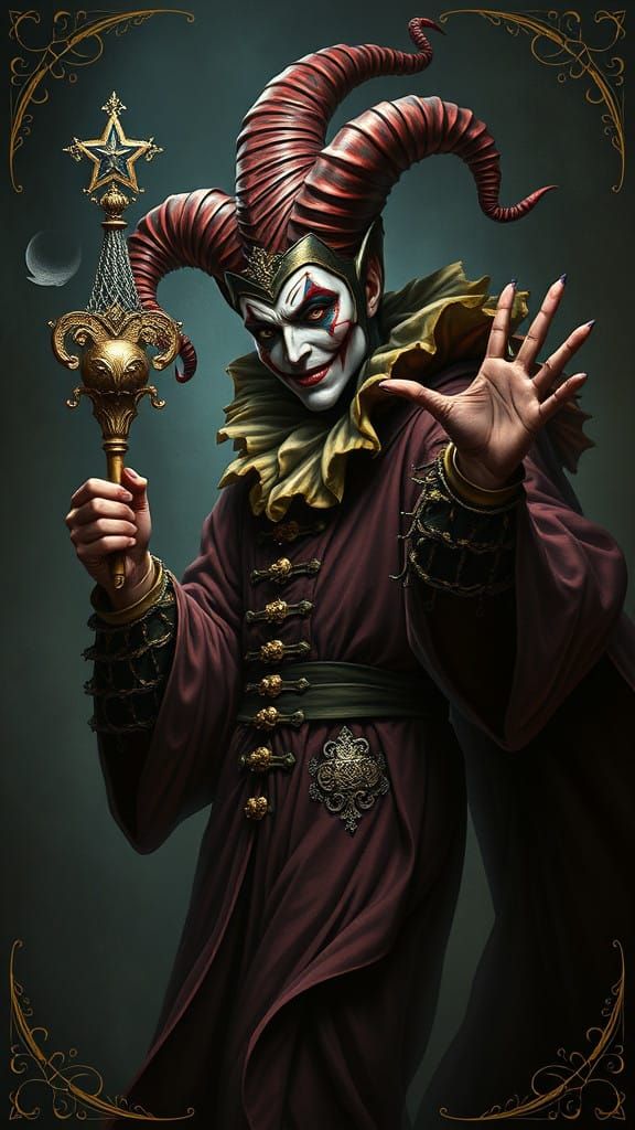Ethereal Gothic Jester in Ominous Medieval Court