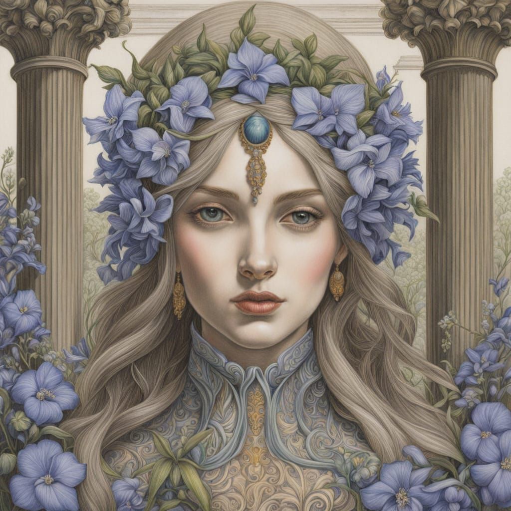 Feminine Creature Among Larkspur Flowers: Colored Pencil Dra...