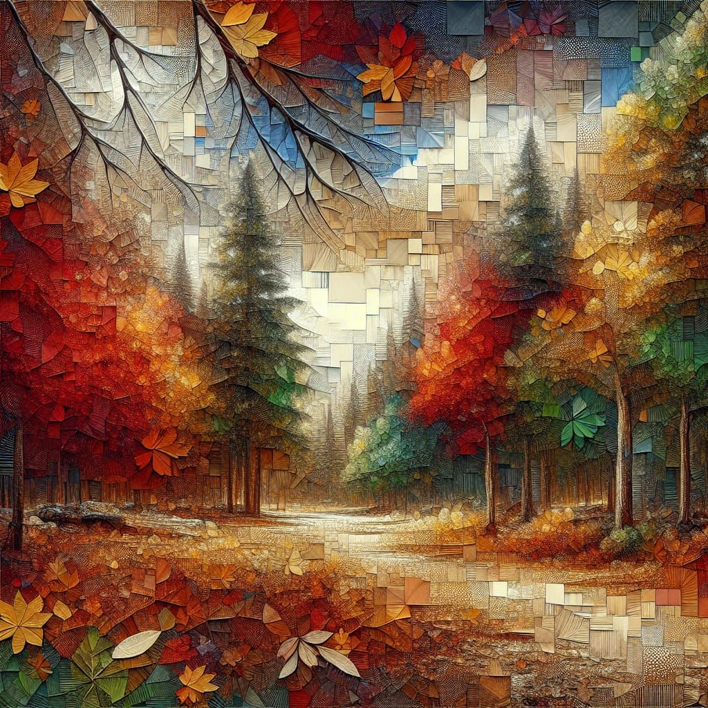 Detailed Torn Paper Collage of an Autumnal Forest