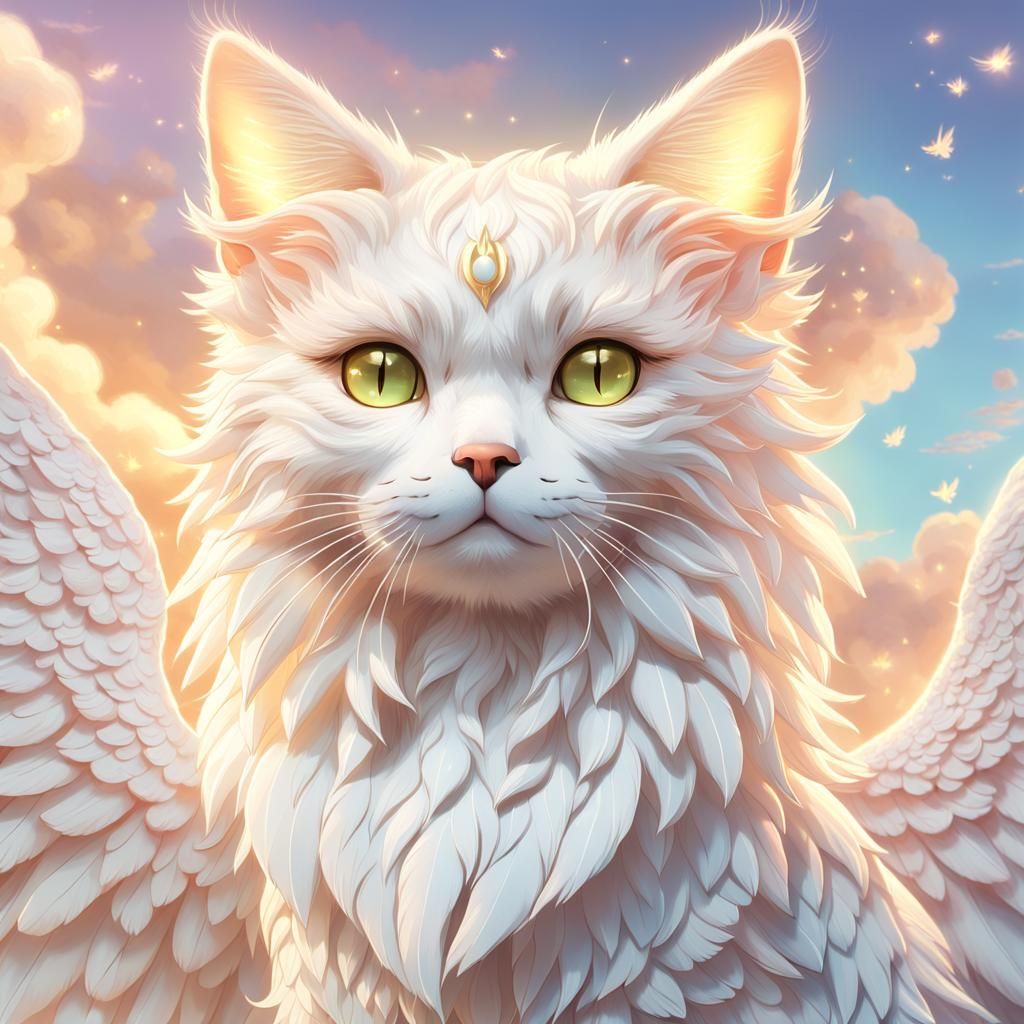 Anime Cat with Angel Wings in Divine Light