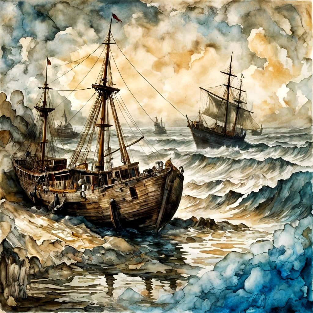 An old wreck on a sandbank in the North Sea.