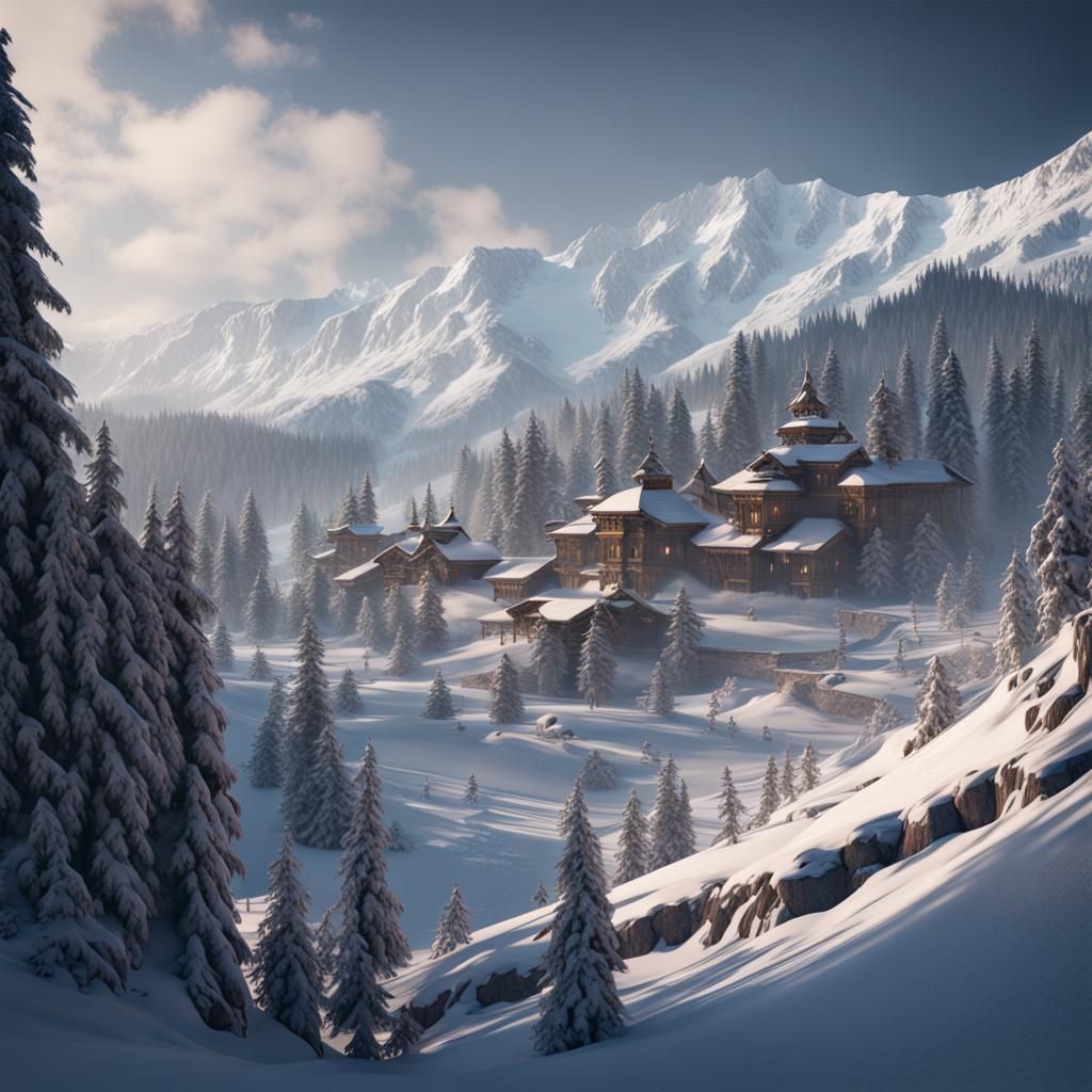 Snowy Gulmarg in Detailed Matte Painting Style