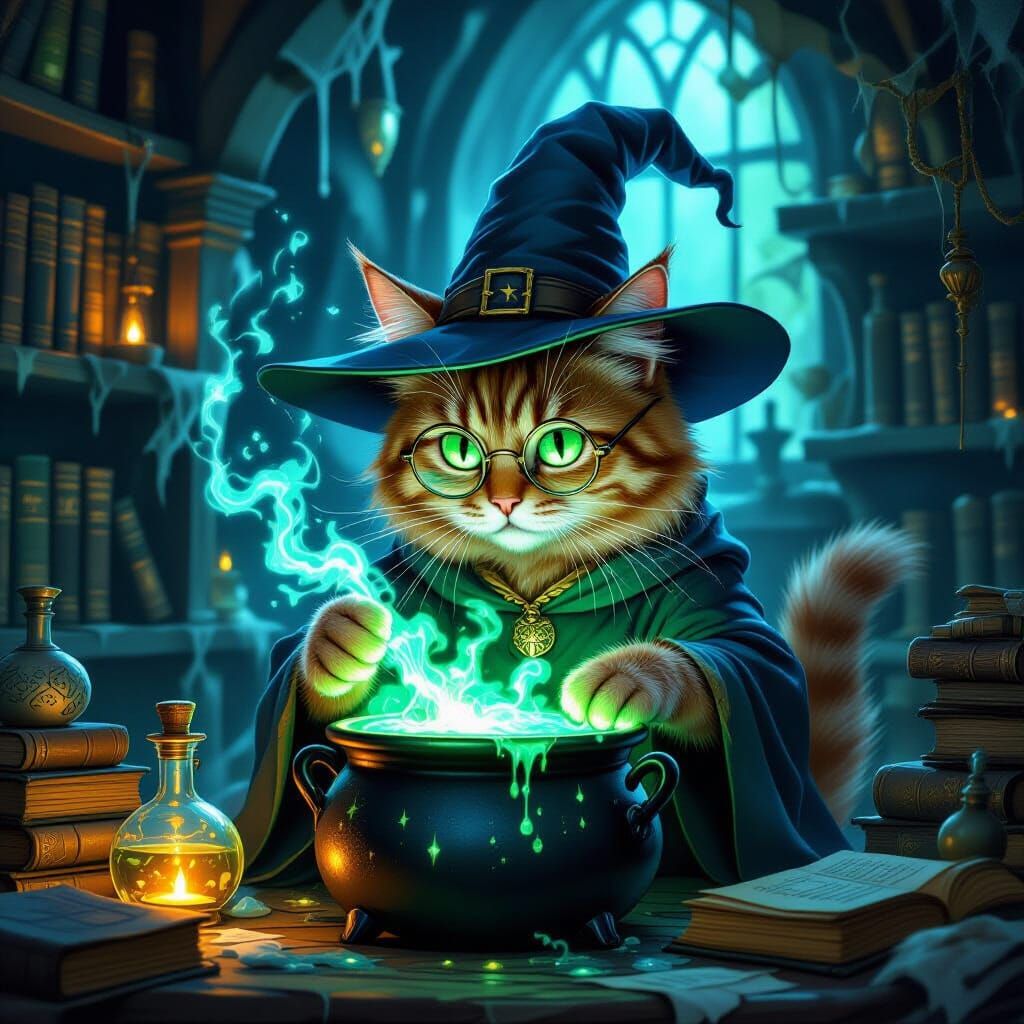 Whimsical Wizard Cat Brews Potions in Lair