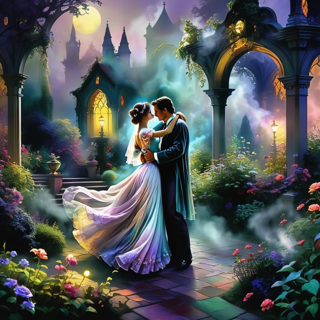 Moonlit Dance in Gothic Garden, Magical Realism Art