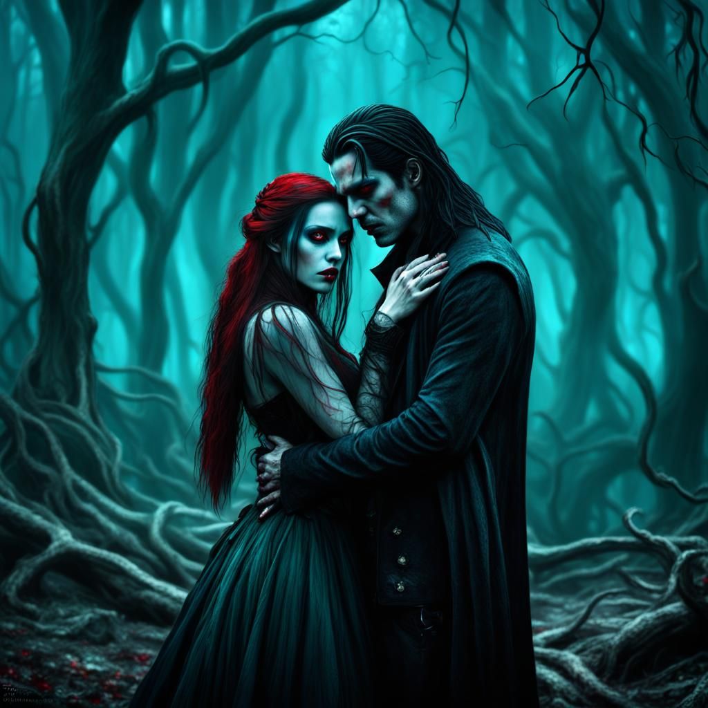 Vampire Couple in Teal Bioluminescent Forest