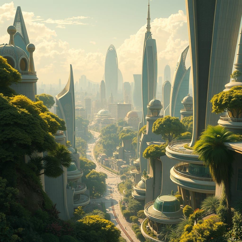 Vibrant Solarpunk Cityscape with Nature and Technology Harmo...
