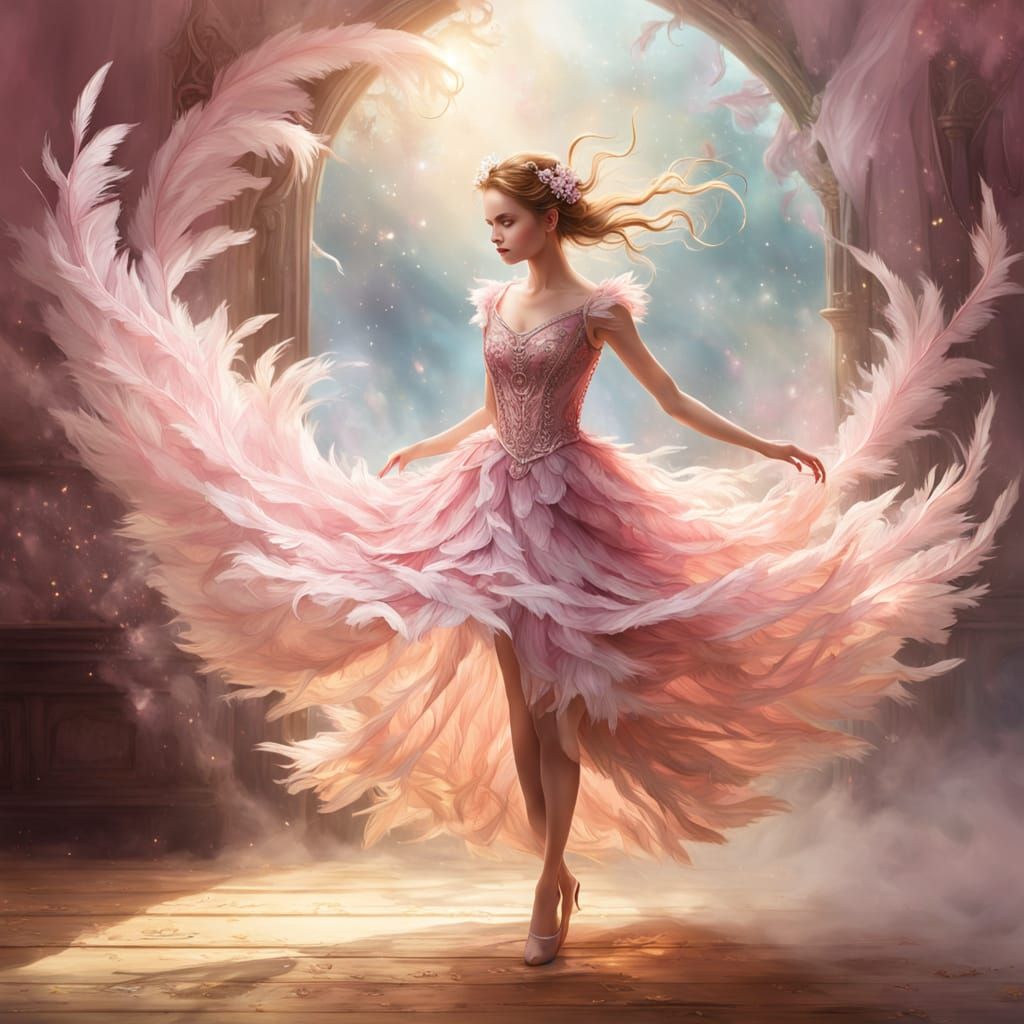 * Ballett der Träume: Eine Frau in Federkleid im Schein eines mystischen Tors.