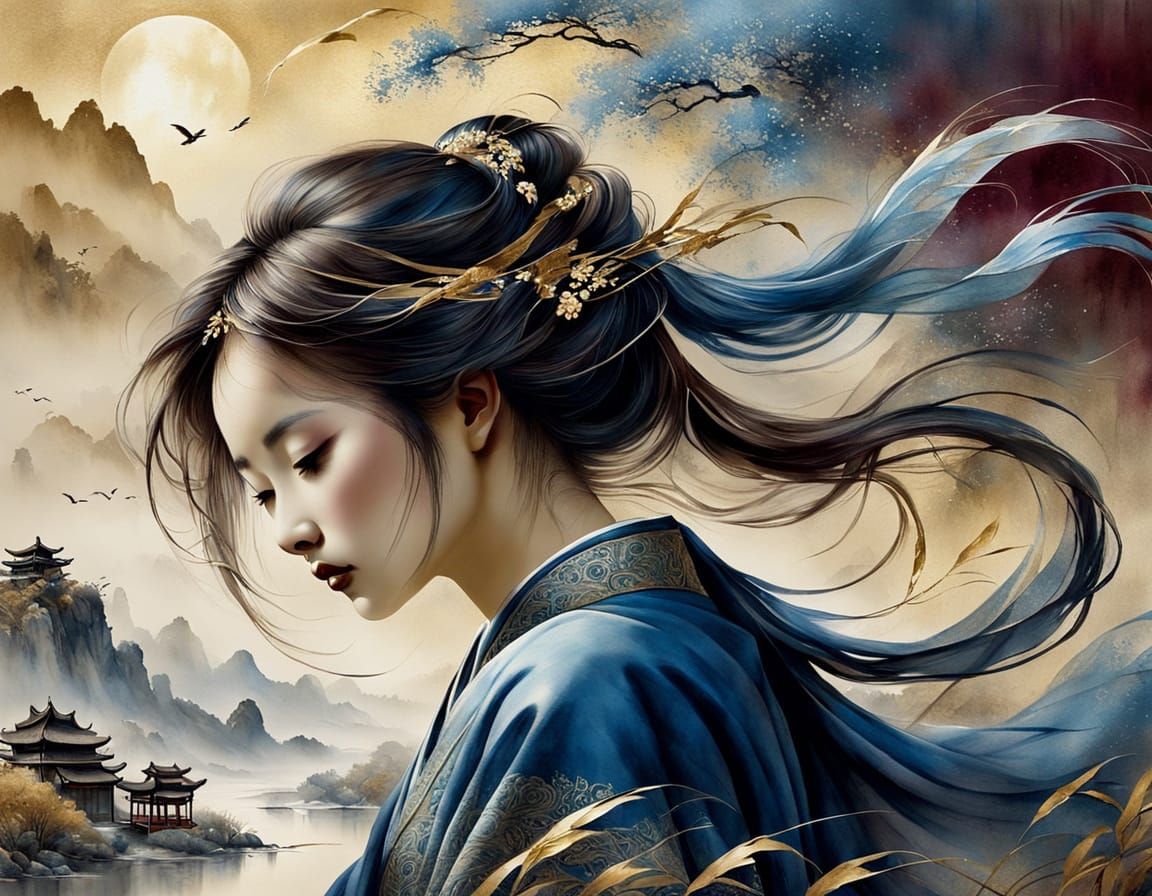 Serene Chinese Landscape with Gold and Silver Accents