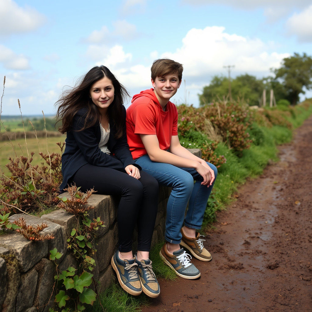 Teenagers on a Wall Beside a Muddy Path