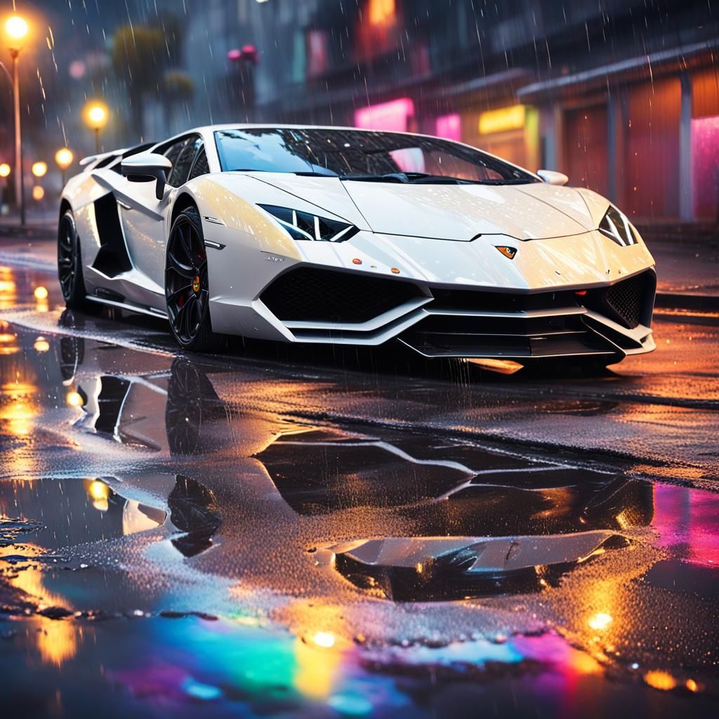 White Lamborghini car in the rain