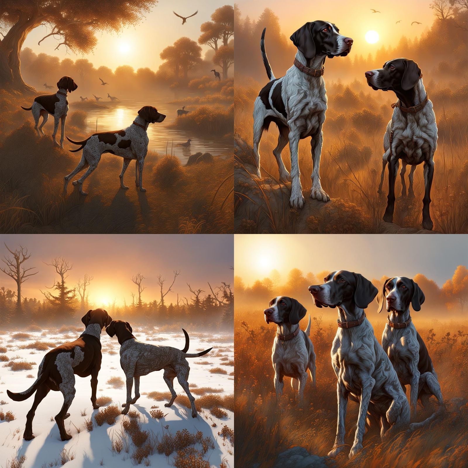 German Shorthaired Pointers Hunting at Sunrise