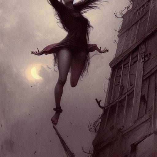 Female Vampire Leaps Across Rooftops in Horror Art Style
