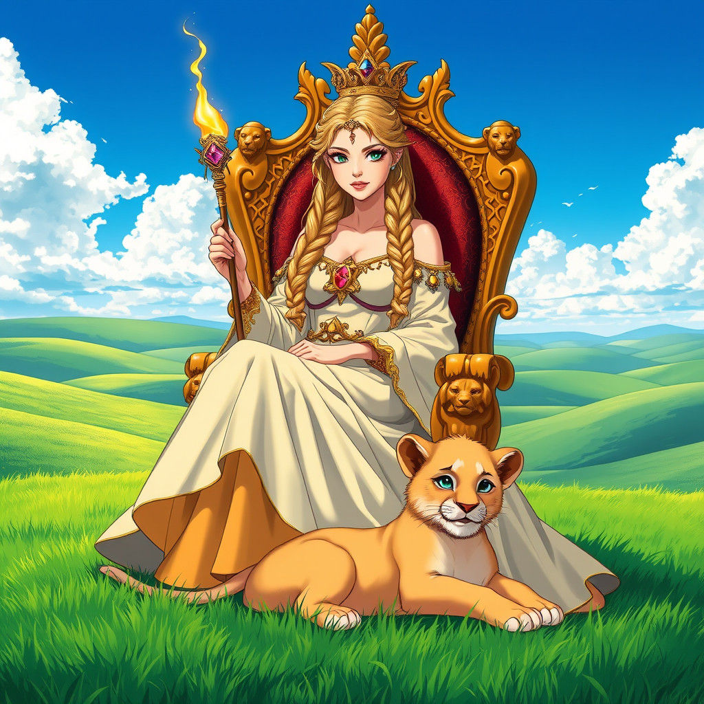 Blonde Queen on Throne with Lion Cub: Manga Scan