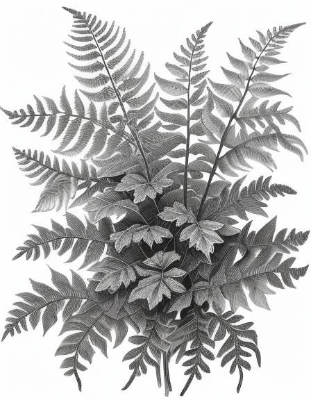 Maidenhair Fern Botanical Illustration in Pencil Sketch Styl...