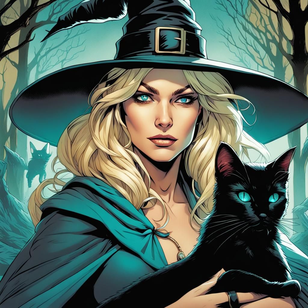 Blonde Witch and Black Cat Comic Book Art