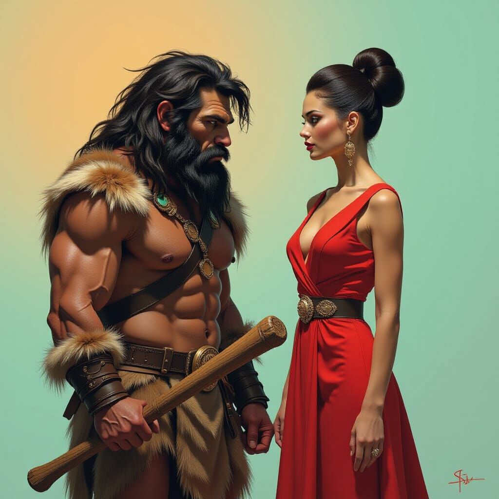 Neanderthal Meets Future Woman: Hyperrealistic Concept Art
