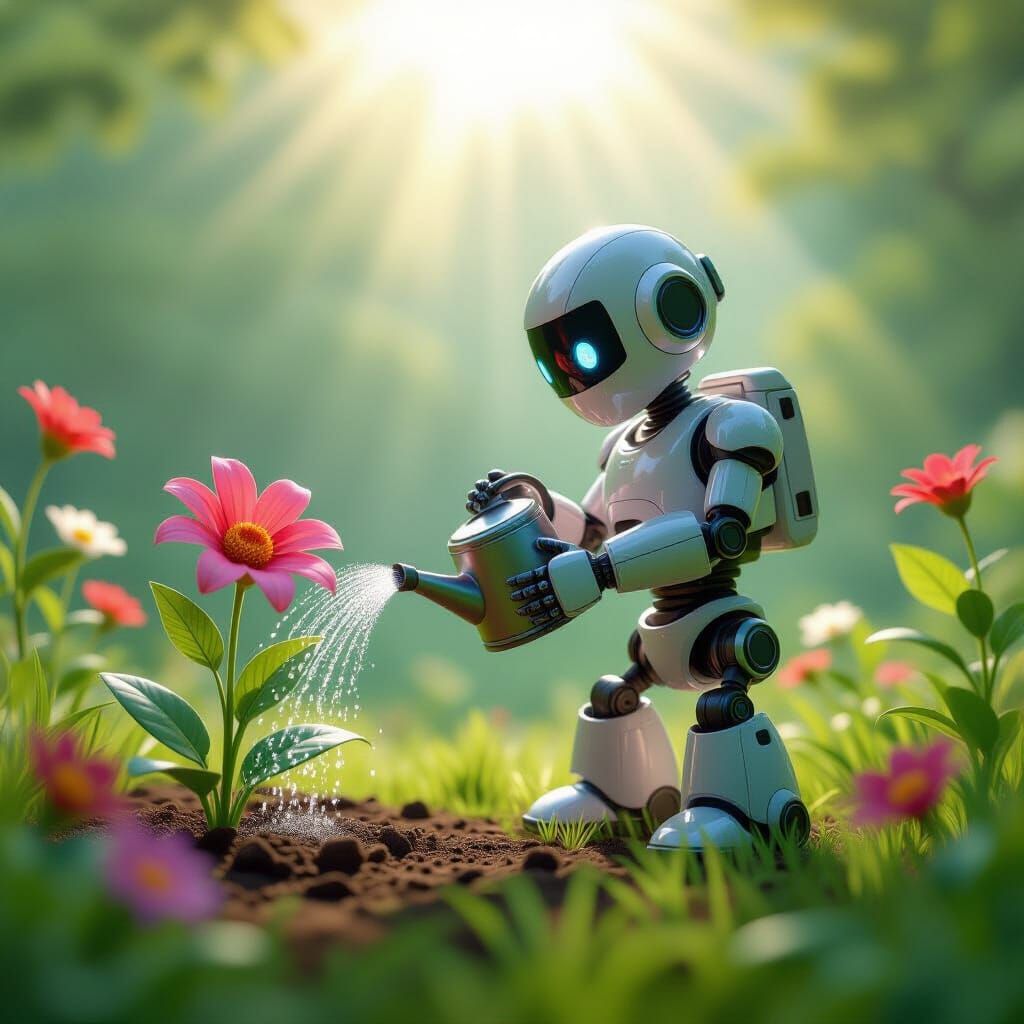 Pixar-Style Robot Tends Flower in Radial Gradient Garden