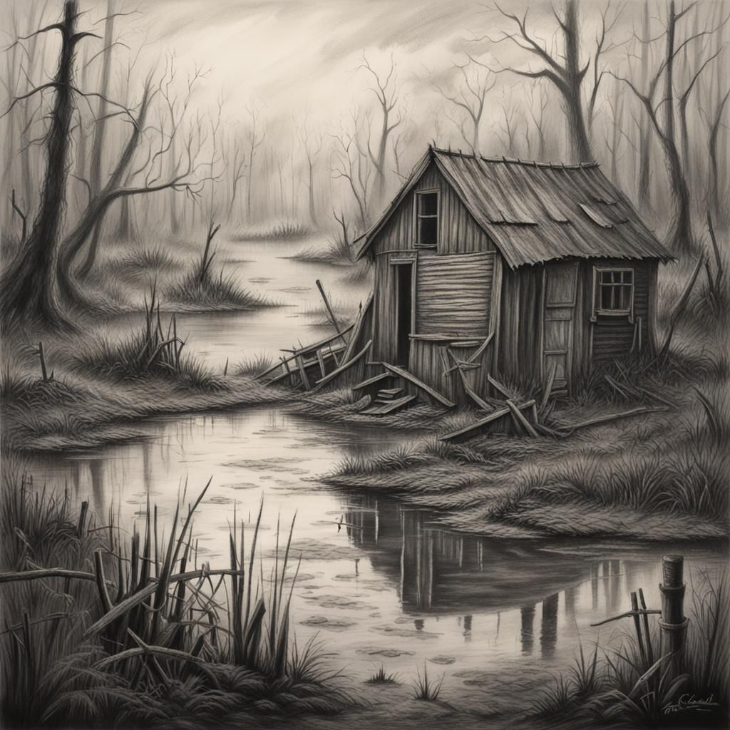 Swamp Shack Scene with Crocodiles, Charcoal Drawing
