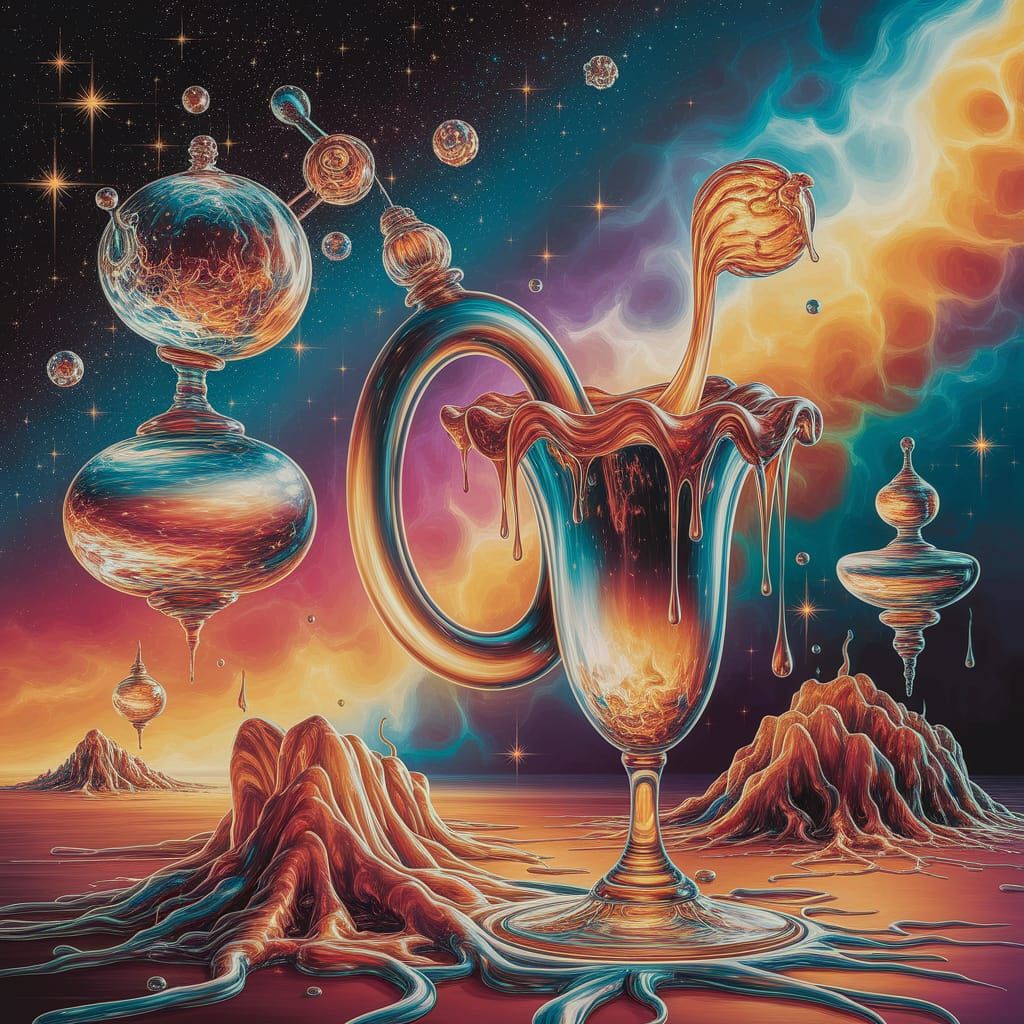 Surreal Melting Glass Objects in Dreamlike Cosmic Scene