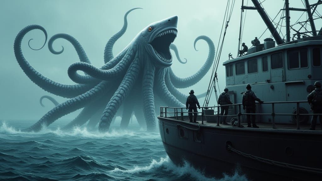 Sharktopus Looms Over Fishing Boat in Sepia Inkpunk Style