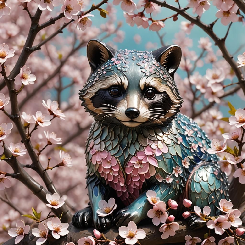Glass Raccoon Figurine in Spring Garden, Art Nouveau