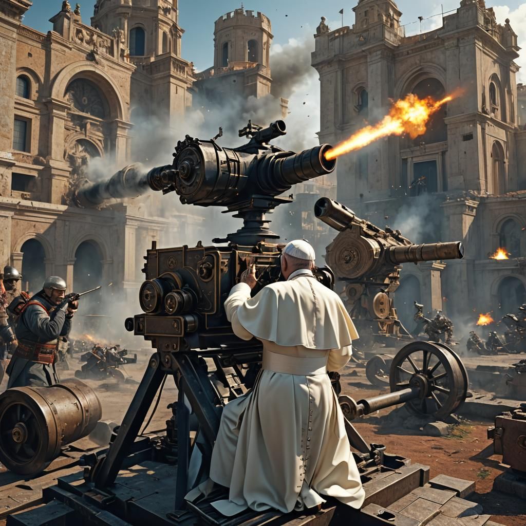 Pope Fires Anti-Aircraft Gun: Detailed Matte Painting