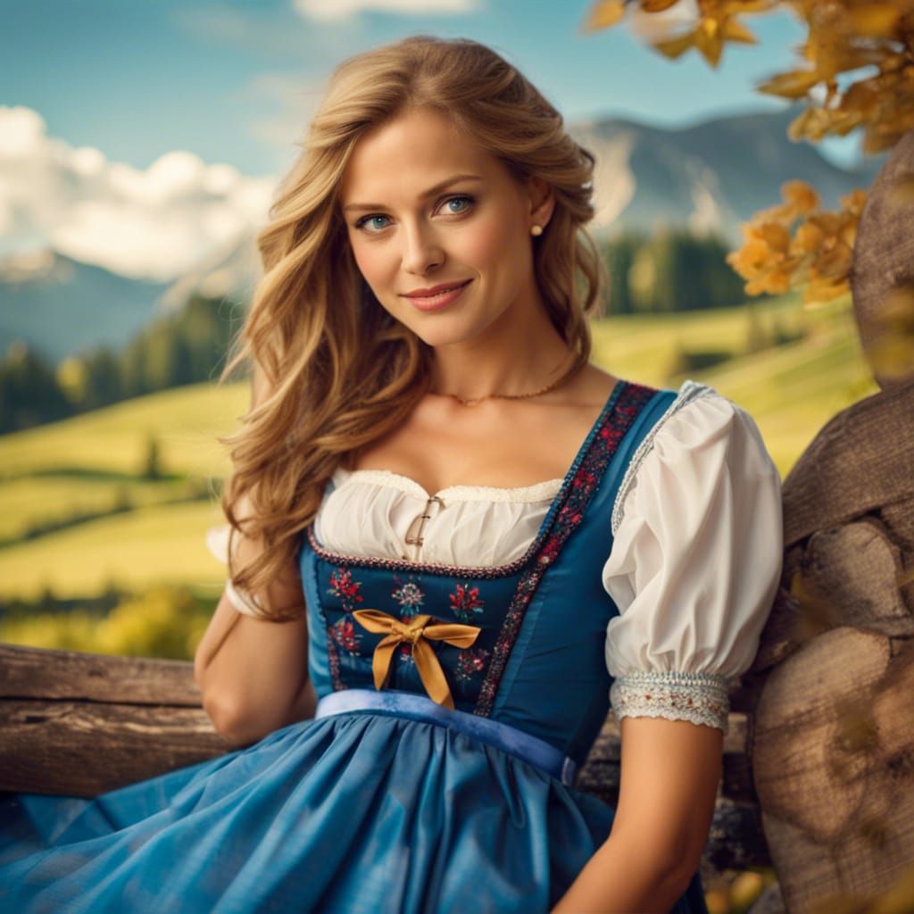 Young Woman in Dirndl Dress in Countryside Setting